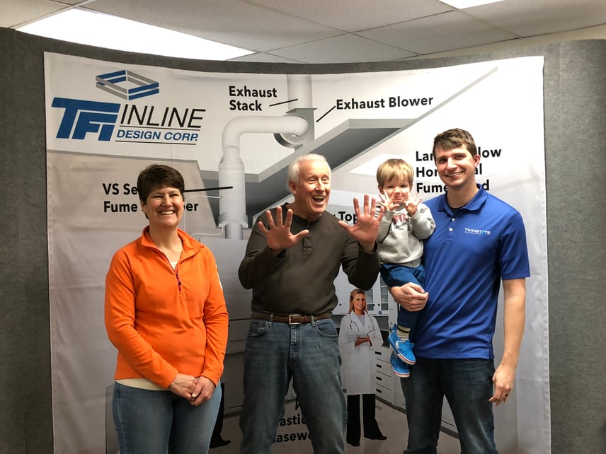 Pictured from left: Twinstate friends from TFI Inline Design, Carol Conner and brother in-law and CEO Frank Conner, Mason Momot and Ashton Momot